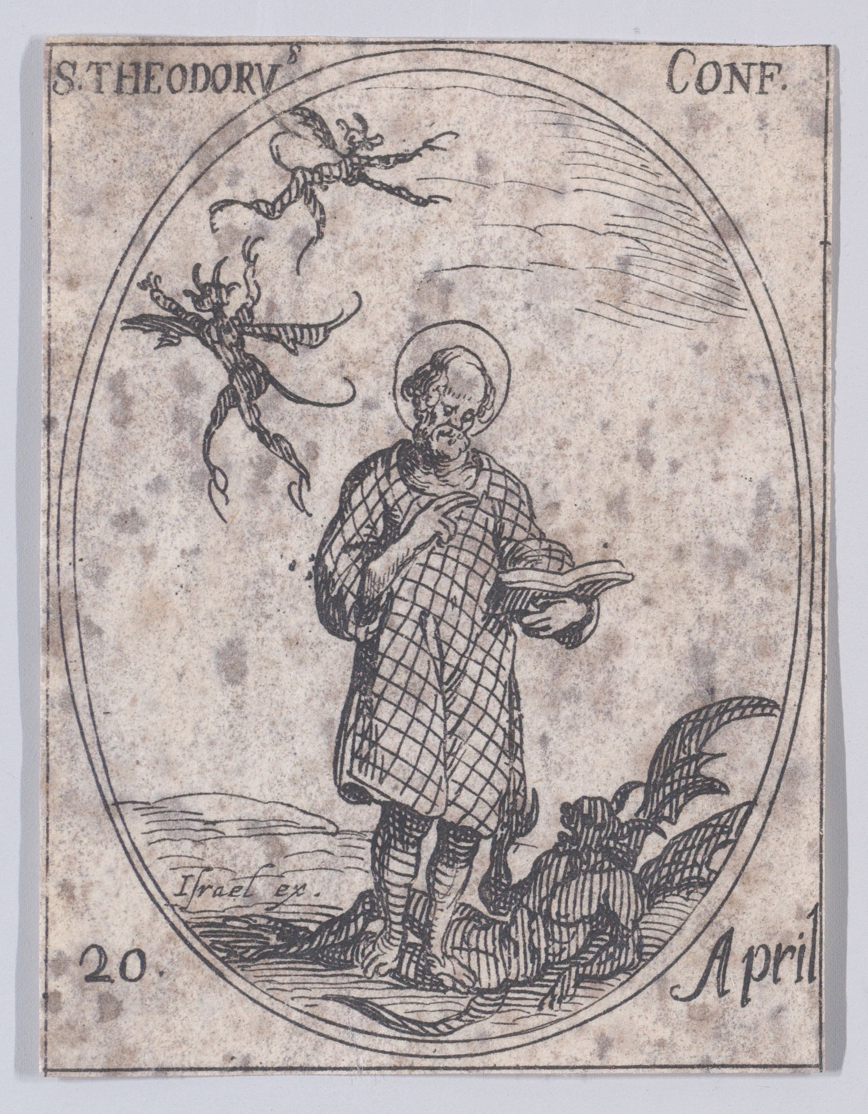 S. Théodore, confesseur (St. Theodore Trichinas, Confessor), April 20th, from Les Images De Tous Les Saincts et Saintes de L'Année (Images of All of the Saints and Religious Events of the Year), Jacques Callot (French, Nancy 1592–1635 Nancy), Etching; second state of two (Lieure)