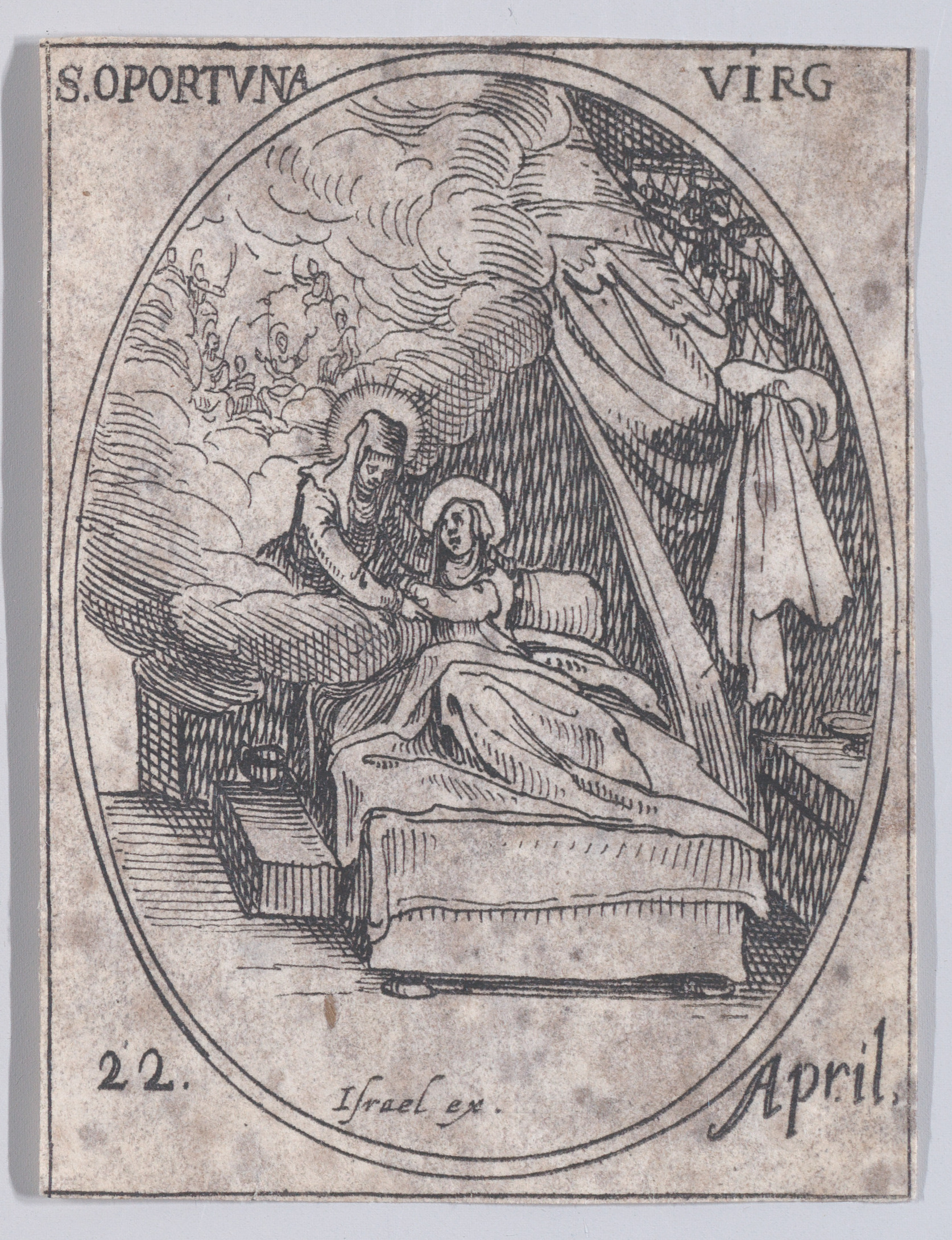 Ste. Opportune, vierge (St. Opportuna, Virgin), April 22nd, from Les Images De Tous Les Saincts et Saintes de L'Année (Images of All of the Saints and Religious Events of the Year), Jacques Callot (French, Nancy 1592–1635 Nancy), Etching; second state of two (Lieure)