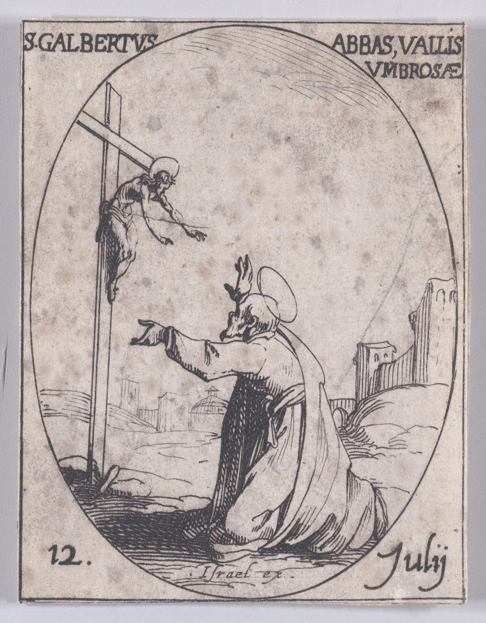 S. Galbert, abbé du Val d'Ombrose (St. John Gualbert, Abbot of Val d'Ombrose), July 12th, from Les Images De Tous Les Saincts et Saintes de L'Année (Images of All of the Saints and Religious Events of the Year), Jacques Callot (French, Nancy 1592–1635 Nancy), Etching; second state of two (Lieure)