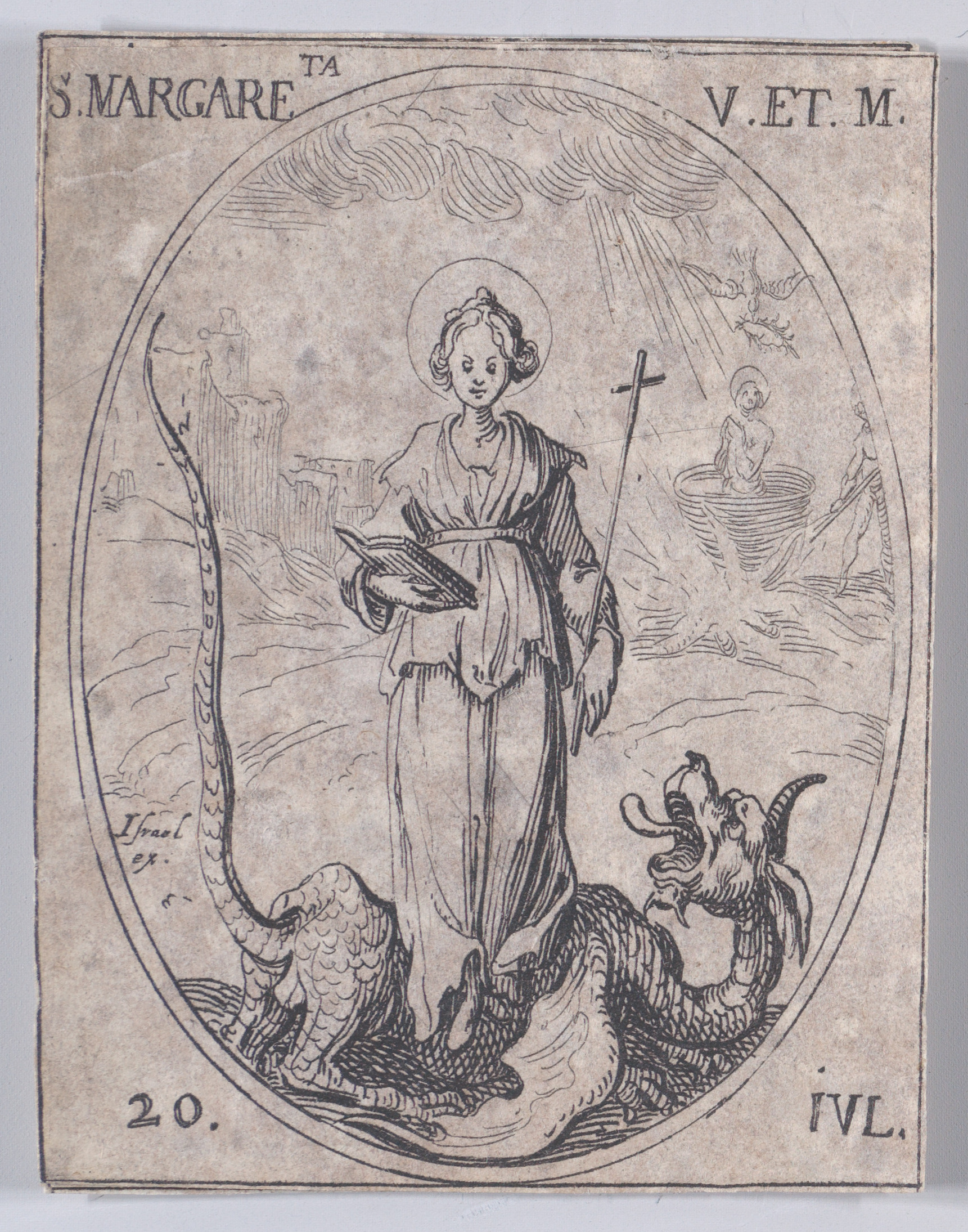 Ste. Marguerite, vierge et martyre (St. Margaret of Antioch, Virgin and Martyr), July 20th, from Les Images De Tous Les Saincts et Saintes de L'Année (Images of All of the Saints and Religious Events of the Year), Jacques Callot (French, Nancy 1592–1635 Nancy), Etching; second state of two (Lieure)