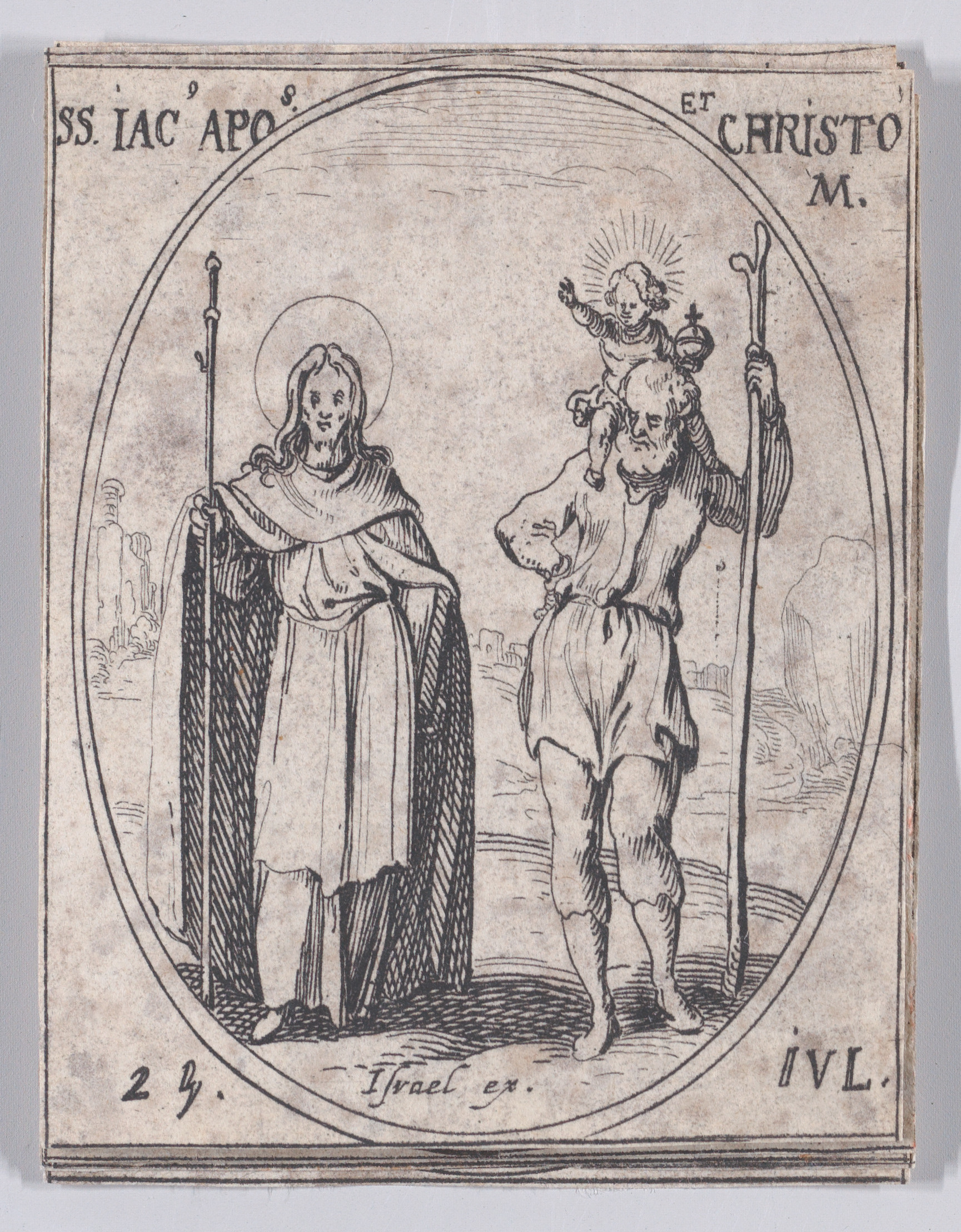 S. Jacques, apôtre et S. Christope (St. James, Apostle and St. Christopher), July 25th, from Les Images De Tous Les Saincts et Saintes de L'Année (Images of All of the Saints and Religious Events of the Year), Jacques Callot (French, Nancy 1592–1635 Nancy), Etching; second state of two (Lieure)