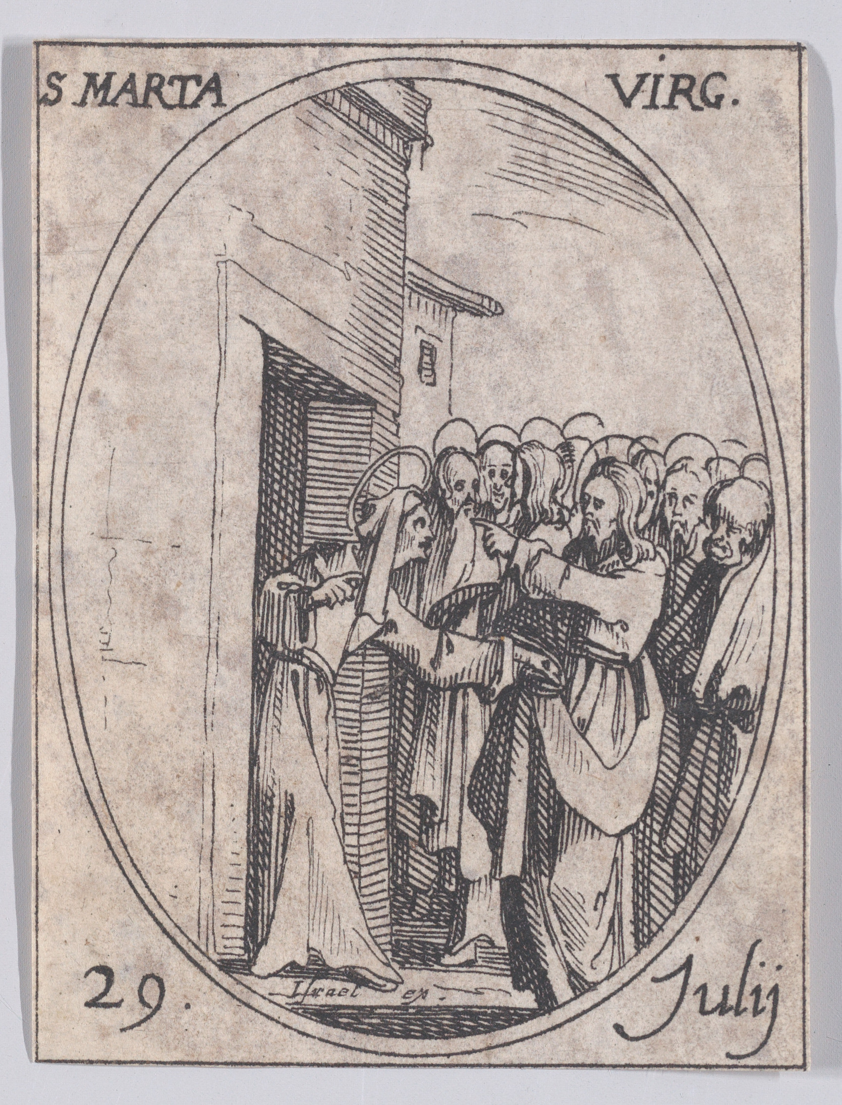Ste. Marthe, vierge (St. Martha, Virgin), July 29th, from Les Images De Tous Les Saincts et Saintes de L'Année (Images of All of the Saints and Religious Events of the Year), Jacques Callot (French, Nancy 1592–1635 Nancy), Etching; second state of two (Lieure)
