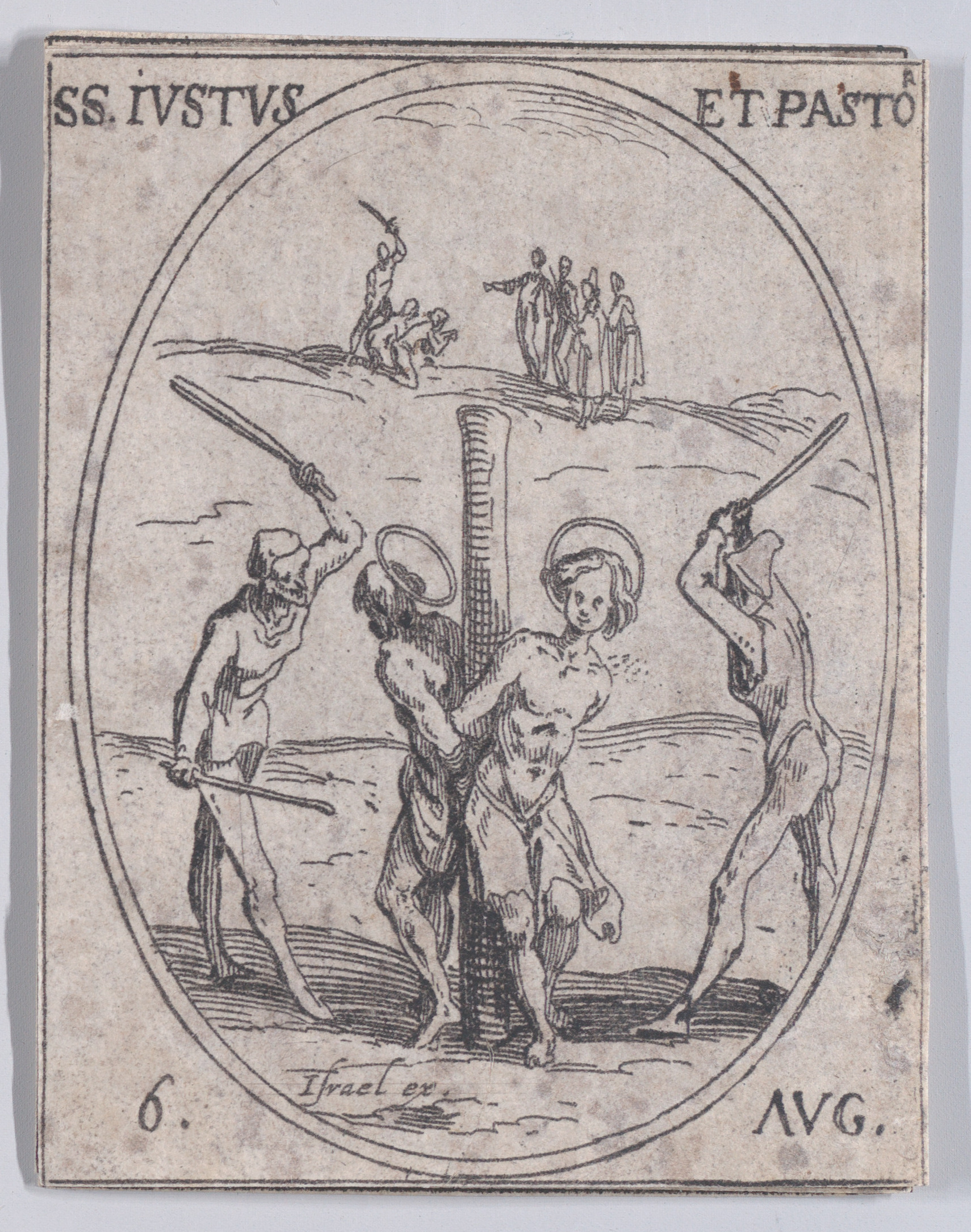 S. Juste et S. Pastor (St. Justus and St. Pastor), August 6th, from Les Images De Tous Les Saincts et Saintes de L'Année (Images of All of the Saints and Religious Events of the Year), Jacques Callot (French, Nancy 1592–1635 Nancy), Etching; second state of two (Lieure)