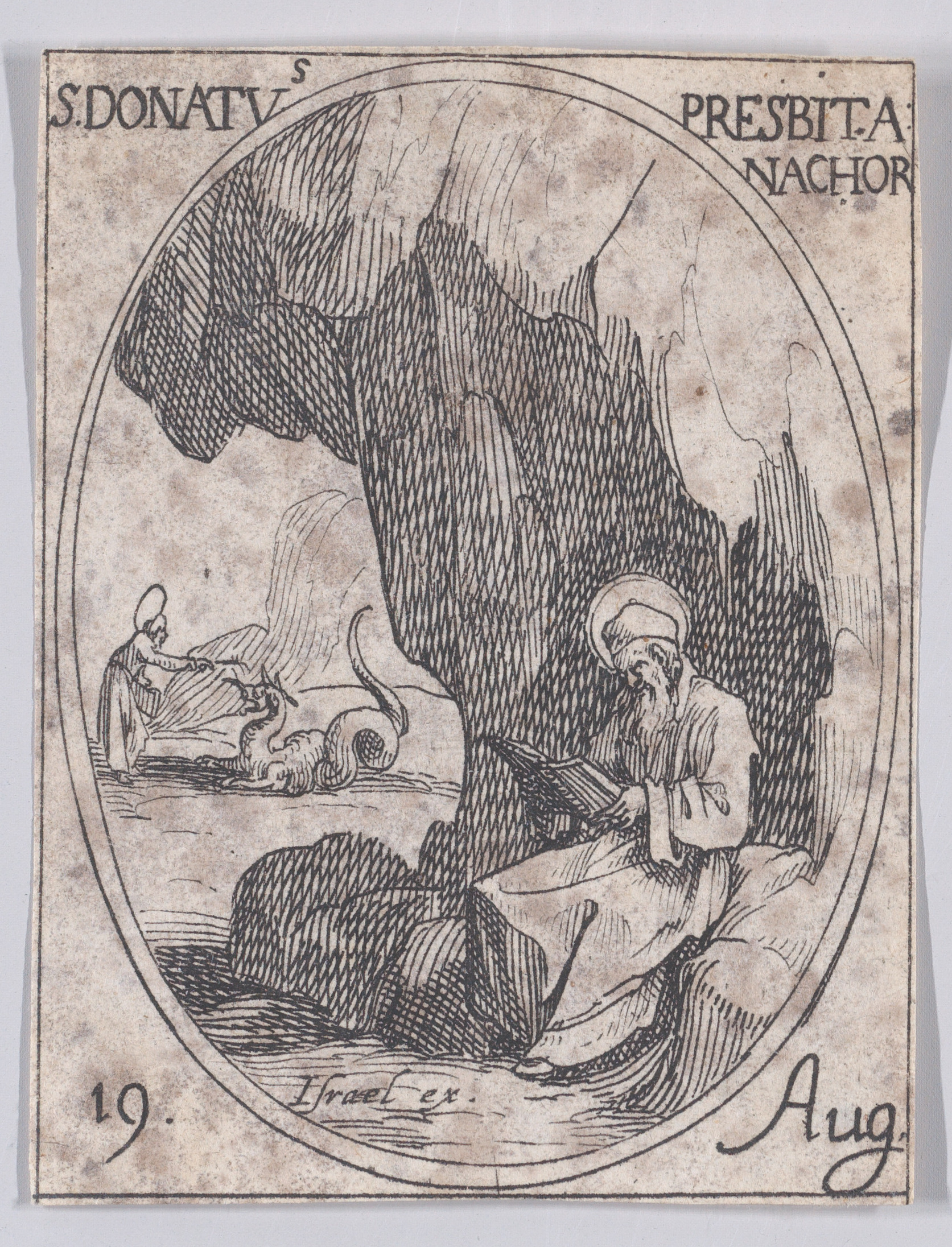 S. Donat, prêtre, anachorète (St. Donatus, Priest and Anchorite), August 19th, from Les Images De Tous Les Saincts et Saintes de L'Année (Images of All of the Saints and Religious Events of the Year), Jacques Callot (French, Nancy 1592–1635 Nancy), Etching; second state of two (Lieure)