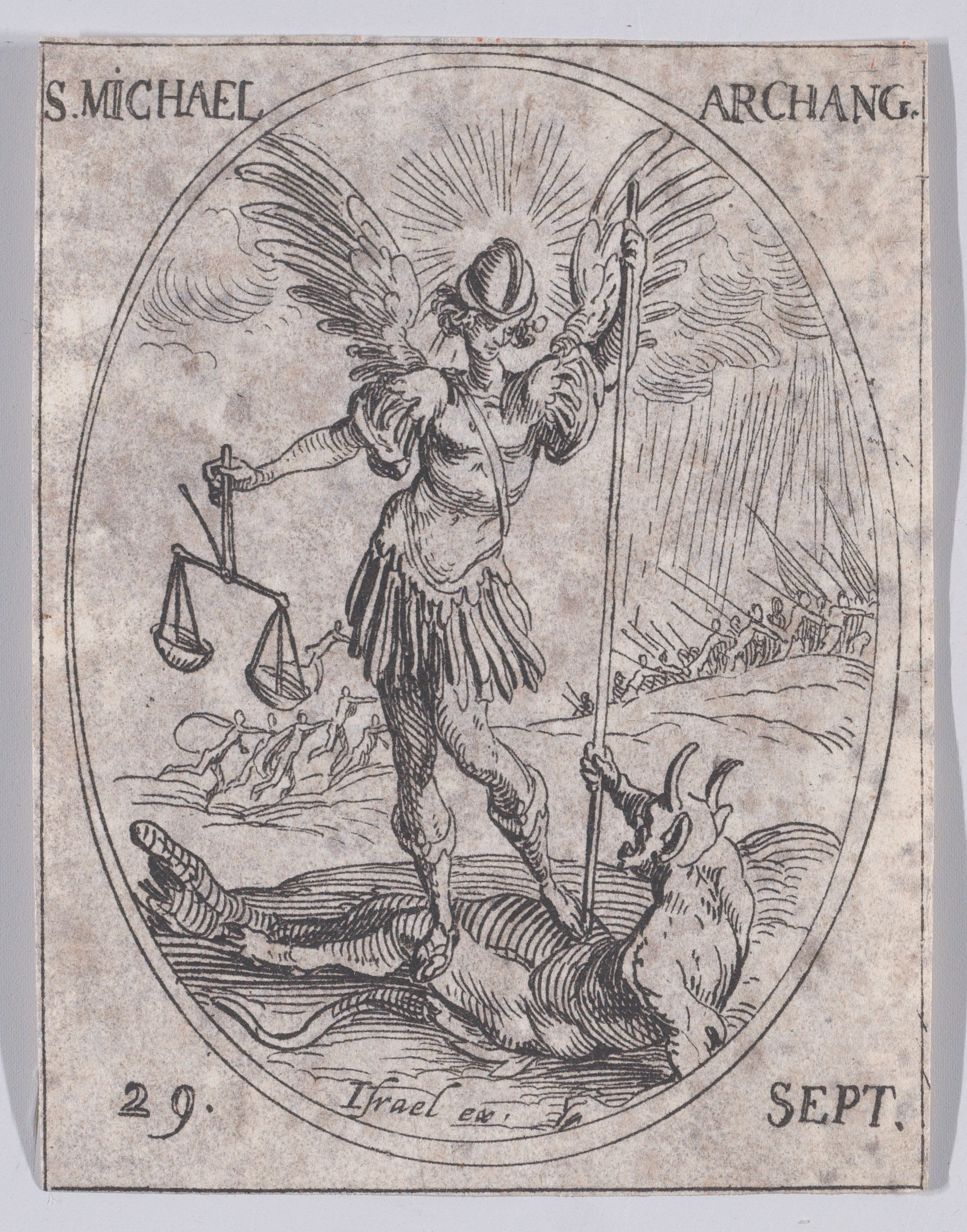 S. Michel, archange (St. Michael, Archangel), September 29th, from Les Images De Tous Les Saincts et Saintes de L'Année (Images of All of the Saints and Religious Events of the Year), Jacques Callot (French, Nancy 1592–1635 Nancy), Etching; second state of two (Lieure)