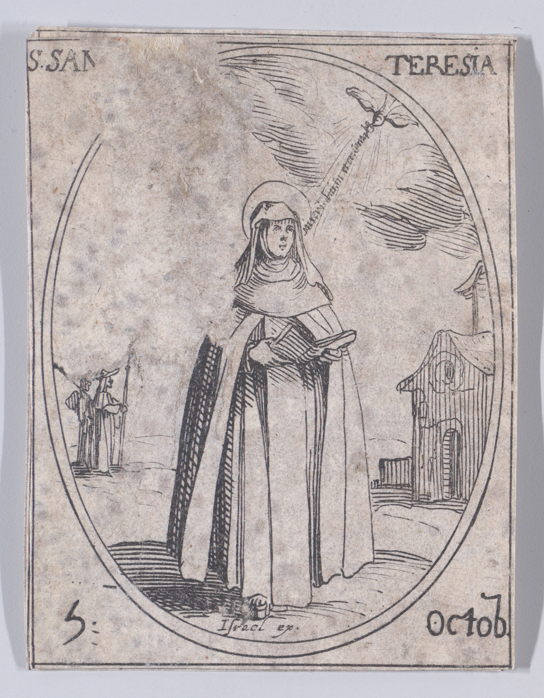 Ste. Thérèse (St. Teresa of Avila), October 5th, from Les Images De Tous Les Saincts et Saintes de L'Année (Images of All of the Saints and Religious Events of the Year), Jacques Callot (French, Nancy 1592–1635 Nancy), Etching; second state of two (Lieure)