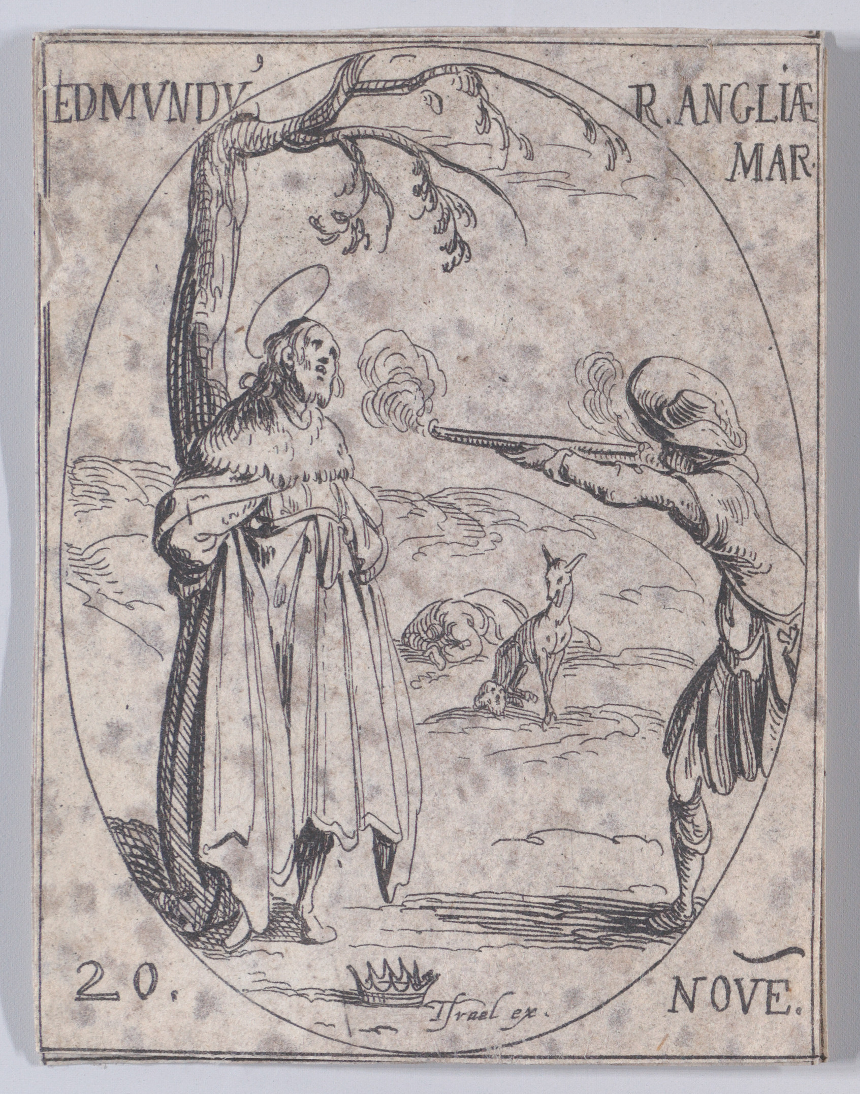 S. Edmund, Roi d'Angleterre, Martyr (St. Edmund, King of England, Martyr), November 20th, from Les Images De Tous Les Saincts et Saintes de L'Année (Images of All of the Saints and Religious Events of the Year), Jacques Callot (French, Nancy 1592–1635 Nancy), Etching; second state of two (Lieure)