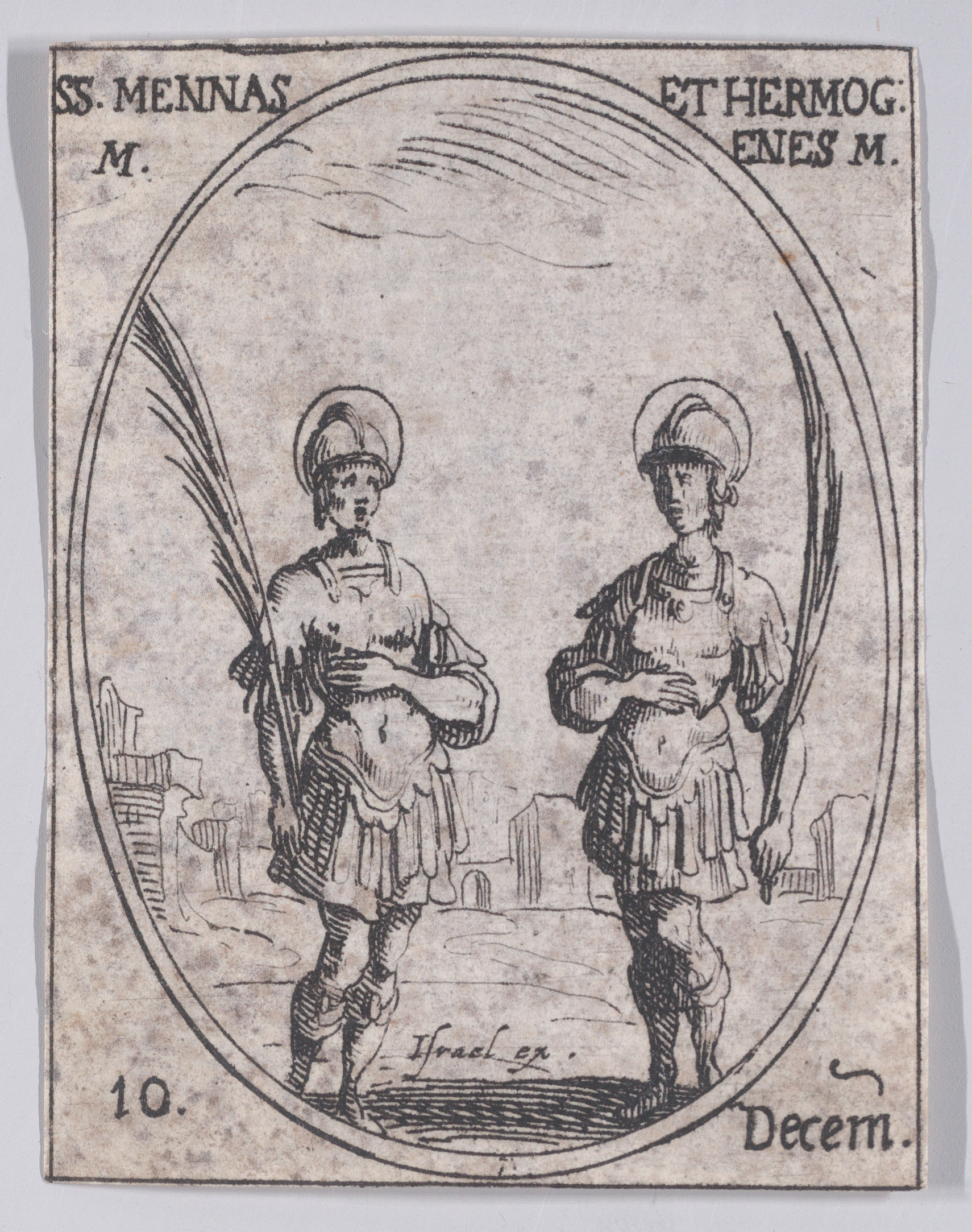 S. Mène et S. Hermogène (St. Mennas and St. Hermogenes), December 10th, from Les Images De Tous Les Saincts et Saintes de L'Année (Images of All of the Saints and Religious Events of the Year), Jacques Callot (French, Nancy 1592–1635 Nancy), Etching; second state of two (Lieure)