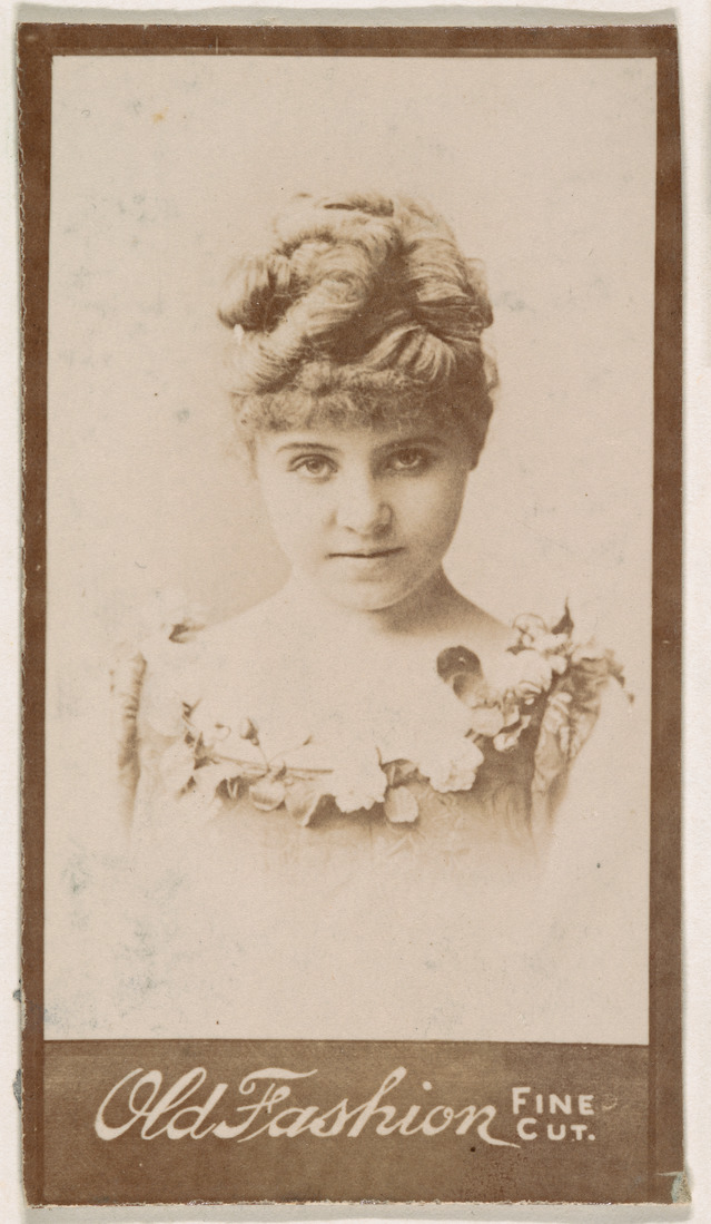 Actress wearing dress with floral neckline, from the Actresses series (N664) promoting Old Fashion Fine Cut Tobacco