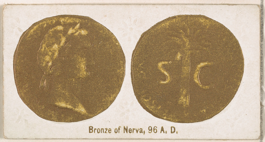 Bronze of Nerva, 96 A.D., from the Ancient Coins series (N180) issued by Wm. S. Kimball & Co.