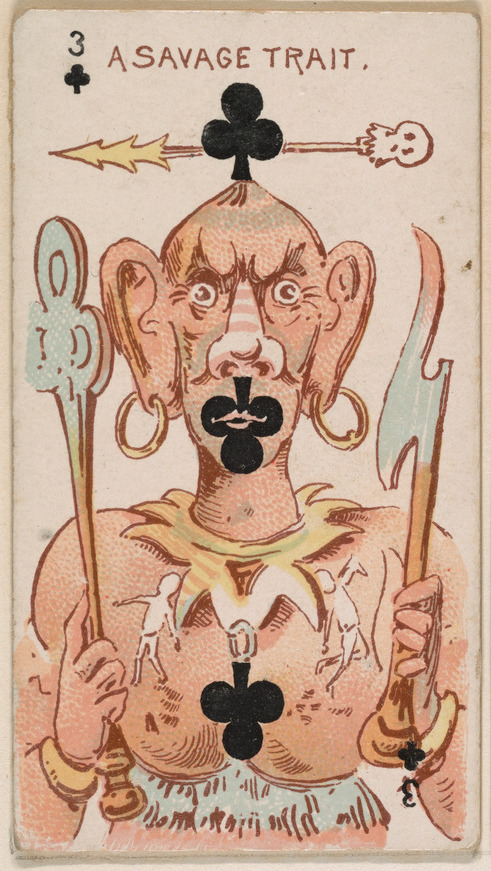 Three of Clubs, A Savage Trait, from Harlequin Cards, 2nd Series (N220) issued by Kinney Bros.