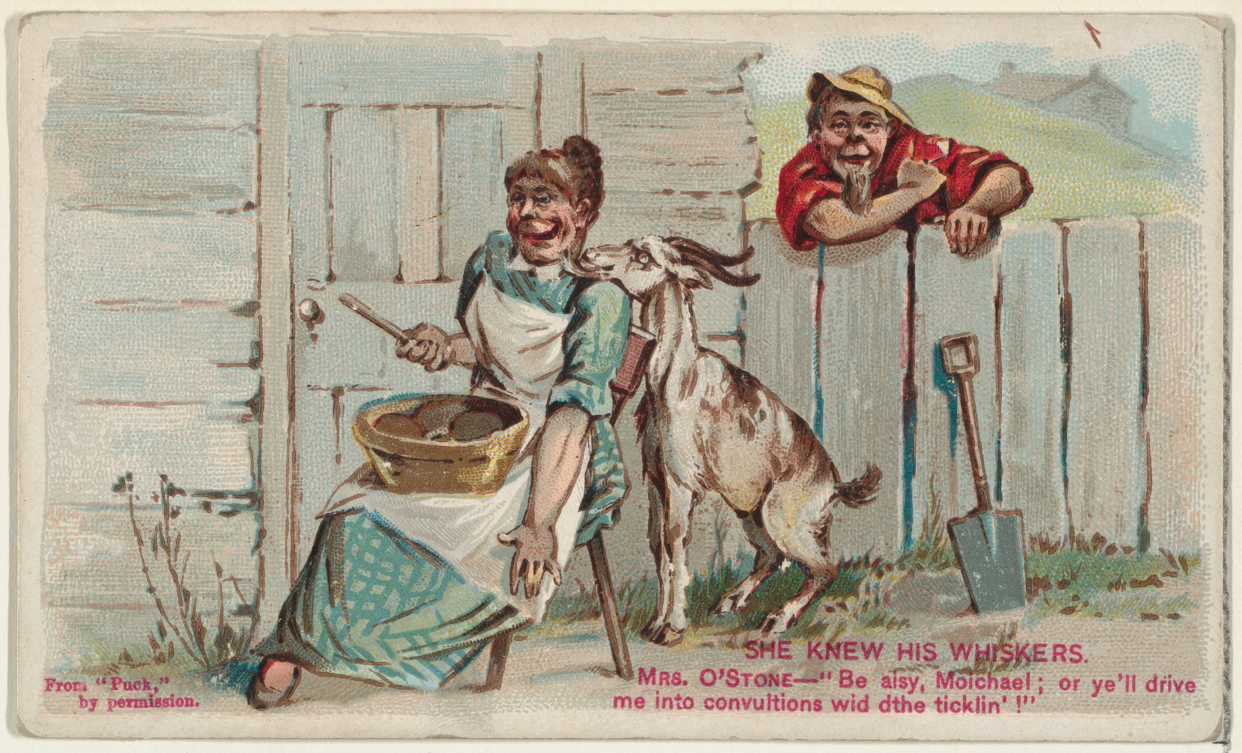 She Knew His Whiskers, from the Snapshots from "Puck" series (N128) issued by Duke Sons & Co. to promote Honest Long Cut Tobacco