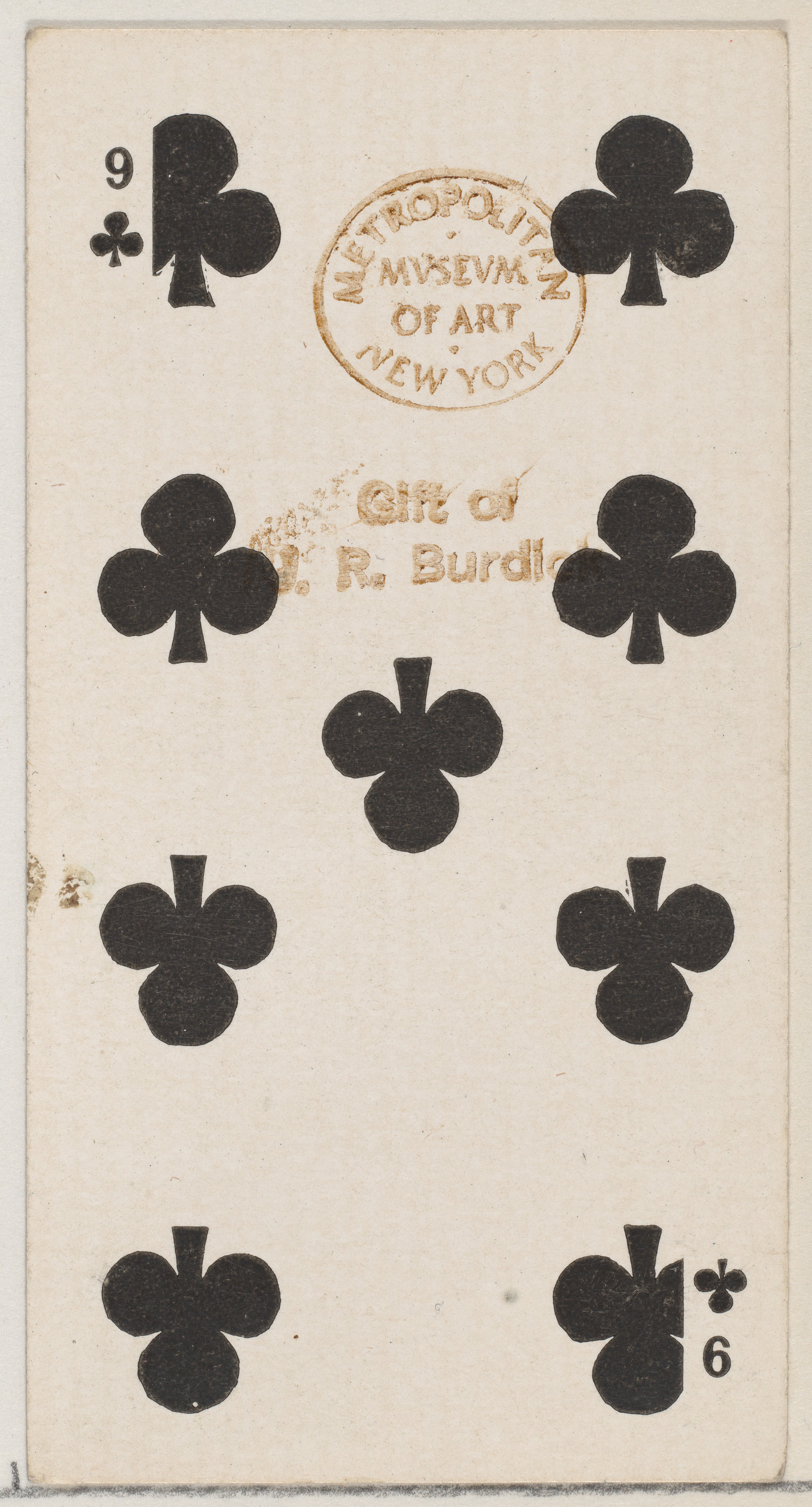 Nine Clubs (black), from the Playing Cards series (N84) for Duke brand cigarettes