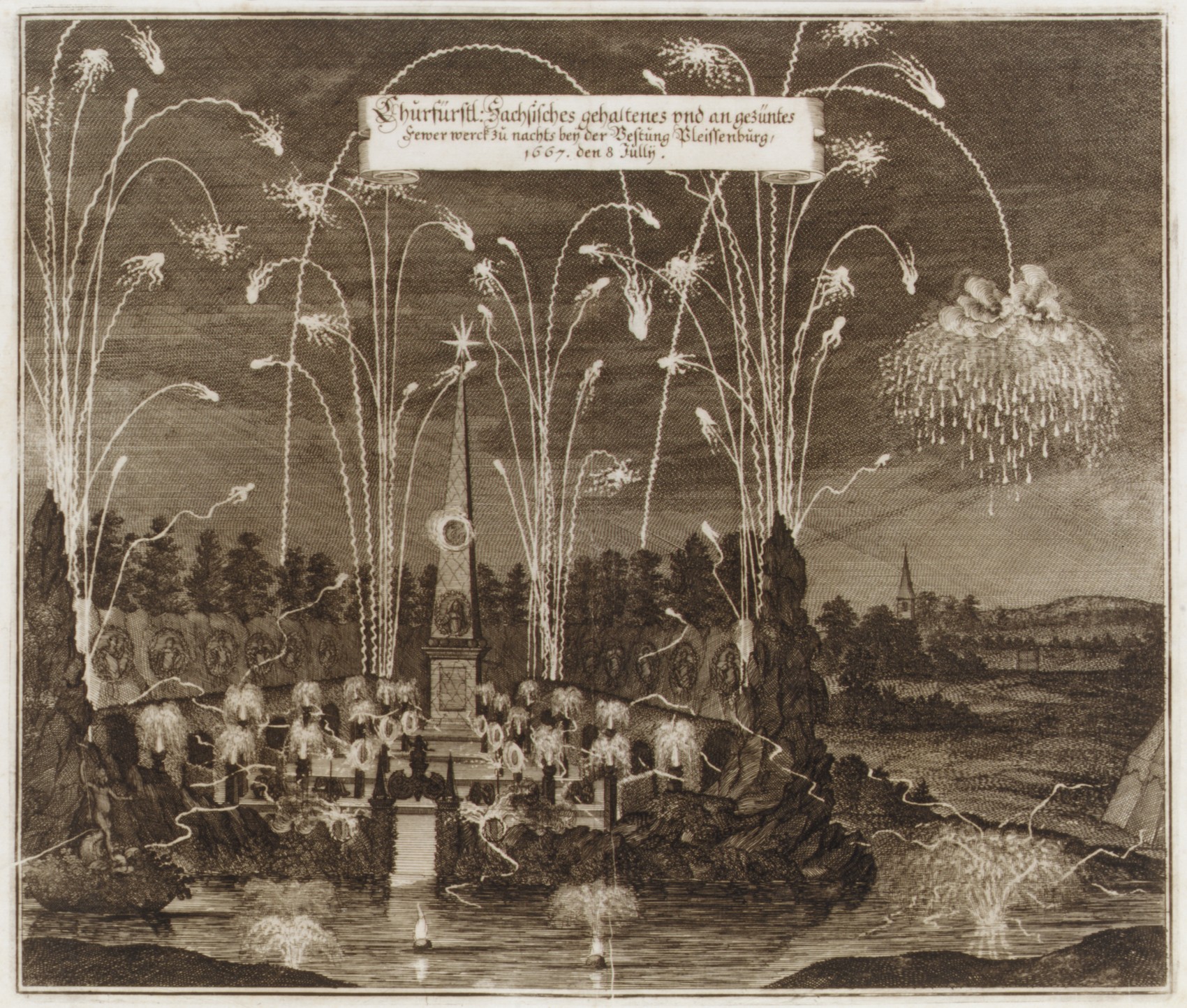 Celebration for the Elector Johann Georg II, Leipzig, July 8, 1667: Fireworks Display by Night