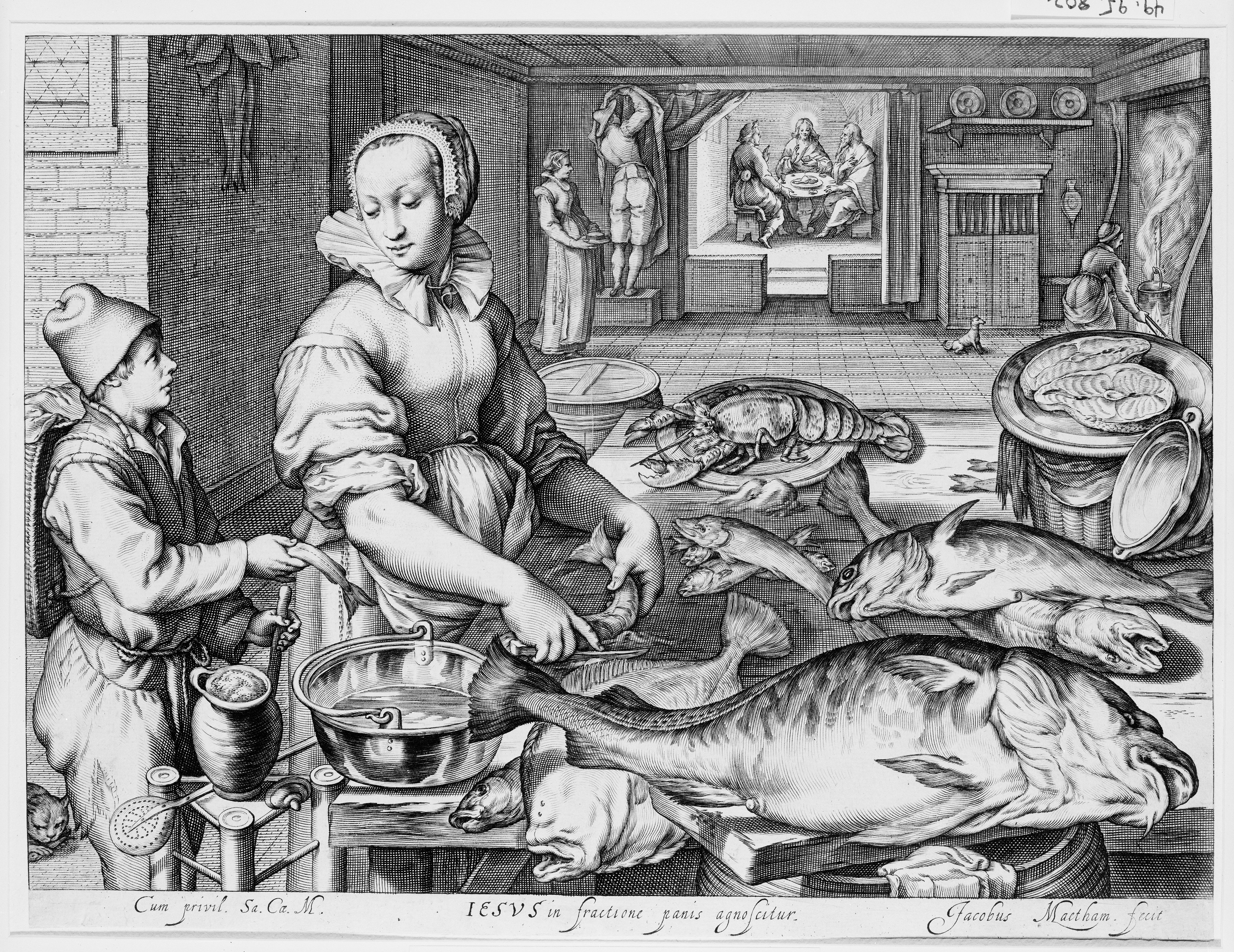 Jacob Matham, Kitchen Scene with Kitchen Maid Preparing Fish, Christ at  Emmaus in the Background, from Kitchen and Market Scenes with Biblical  Scenes in the Background