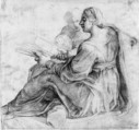 Seated Sibyl and Attendant Genius (recto); Study of the Head of a Horse in Profile (verso), Pirro Ligorio (Italian, Naples ca. 1512/13–1583 Ferrara), Red chalk on beige paper (recto); pen and brown ink (verso)