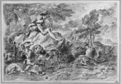 Young Hunter with His Dogs in a Landscape, Giovanni Francesco Castiglione (Italian, Genoa 1641–1710 Genoa), Pen and brown ink, brush and watercolor