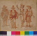 Figures in Theatrical Costumes, Claude Gillot (French, Langres 1673–1722 Paris), Pen and brown ink, brush and red wash, over red chalk