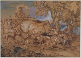 Pastoral Scene: Nomads with Sheep and Cattle, Giovanni Benedetto Castiglione (Il Grechetto) (Italian, Genoa 1609–1664 Mantua), Brush, brown, red-brown, blue, and white paint, on brownish paper
