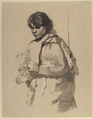 Girl with a Flower Pot, Anonymous, French, 19th century, Charcoal on pale buff paper, touched with white chalk