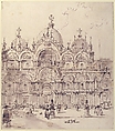 View of Piazza with Basilica of San Marco, Francesco Guardi (Italian, Venice 1712–1793 Venice), Pen and brown ink, brush and brown wash. Framing lines in pen and brown ink at left and right margins. Pricked for transfer