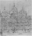 View of Piazza with Basilica of San Marco, Francesco Guardi (Italian, Venice 1712–1793 Venice), Pen and brown ink, brush and brown wash. Framing lines in pen and brown ink at left and right margins. Pricked for transfer