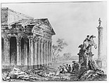 Architectural Capriccio with Roman Monuments and Washerwomen, Manner of Hubert Robert (French, Paris 1733–1808 Paris), Pen and black and gray ink, brush and brown wash, and watercolor