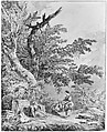 Young Women in a Landscape with Architectural Fragments, Hubert Robert (French, Paris 1733–1808 Paris), Pen and brown ink, brush and brown, gray, and blue wash, over red chalk counterproof