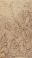 Fragment of a Composition with a Reclining Semi-Nude Man Surrounded by Soldiers and Other Onlookers in a Landscape, Attributed to Luca Giordano (Italian, Naples 1634–1705 Naples), Pen and brown ink. Squared for transfer in red chalk