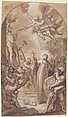 Saint Benedict Orders the Destruction of Idols at Montecassino, Gaspare Serenario (Italian, Palermo 1694–1759 Palermo (?)), Pen and brown ink, brush and brown wash, highlighted with yellow and white gouache, over black chalk or leadpoint, on beige paper