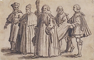 A Doge of Venice with a Cardinal, a Councillor and Servants Bearing the Train, Bernardino Rodriguez ("Bernardino Siciliano") (Italian, documented (?) Sicily 1600–1650), Pen and brown ink, brush and brown wash