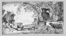 Pan reclincing near a large vase set in a landscape, Giovanni Benedetto Castiglione (Il Grechetto) (Italian, Genoa 1609–1664 Mantua), Etching