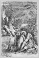 Dream of Aeneas: Aeneas rests his head on his hands atop his shield, while the river god Tiber leans on a vessel and points upward with his left hand, Salvator Rosa (Italian, Arenella (Naples) 1615–1673 Rome), Etching and drypoint