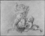 Two Putti, One Holding Aloft a Bunch of Grapes, attributed to Clodion (Claude Michel) (French, Nancy 1738–1814 Paris), Black and white chalk