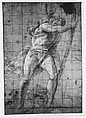 Saint Christopher Bearing the Christ Child, Giovanni Antonio da Pordenone (Giovanni Antonio de Sacchis) (Italian, Pordenone 1483?–1539 Ferrara), Pen and brown ink, brush and brown wash, highlighted with white gouache, on blue paper, squared vertically and horizontally in red chalk, diagonally in charcoal