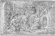 The Adoration of the Shepherds, Jean Cousin the Younger (French, Sens ca. 1522–1594 Paris), Pen and brown ink, brush and brown wash, heightened with white gouache, over black chalk