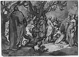 Christ and the Canaanite Women, Abraham Bloemaert (Netherlandish, Gorinchem 1566–1651 Utrecht), Pen and brown ink, brown wash, heightening with white, over black chalk, on beige paper; traces of framing line in pen and brown ink
