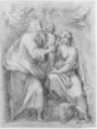 The Holy Family with Angels, Pomarancio (Cristoforo Roncalli) (Italian, Pomarance ca. 1553–1626 Rome), Black chalk highlighted with white chalk on blue paper