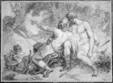 Venus and Adonis, François André Vincent  French, Black chalk, heightened with white, over stumped charcoal, on beige paper