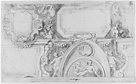 Ceiling Design, Matías Arteaga y Alfaro (Spanish, Villanueva de los Infantes 1633–1703 Seville), Red chalk with brush and red wash, highlighted with white gouache, over black chalk underdrawing on off-white paper.  Some architectural elements constructed with ruler and compass