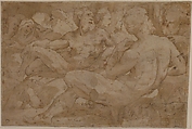 Copy in Reverse Design Orientation: Based on the Group of Reclining Figures at Left in Domenico Beccafumi's Scene of Moses Striking the Rock in the Pavement of Siena Cathedral, After Domenico Beccafumi (Italian, Cortine in Valdibiana Montaperti 1484–1551 Siena), Pen and brown ink, brush and brown wash, over traces of black chalk; framing lines in pen and brown ink