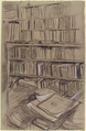 Bookshelves, Study for "Edmond Duranty", Edgar Degas (French, Paris 1834–1917 Paris), Dark brown chalk, heightened with white chalk, on blue laid paper, faded to beige