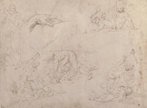 Figure Studies: Three Sketches of Cain Killing Abel, with an Altar of Sacrifice at Center, Two Standing Women, a Hand, and a Seated Child with a Squirrel, Battista Franco (Italian, Venice ca. 1510–1561 Venice), Pen and brown ink