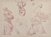Figure Studies: Woman Carrying a Basket; Woman Carrying a Vase, and Woman Seated at a Table, Francesco Curia (Italian, documented Naples 1565/70–1608 Naples), Pen and brown ink, brush and violet wash.