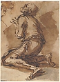 Old Man Kneeling Facing Upper Left, Salvator Rosa (Italian, Arenella (Naples) 1615–1673 Rome), Pen and brown ink, brown and gray wash, traces of red chalk