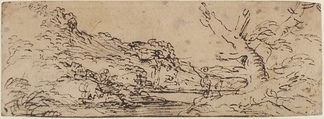 Landscape with hills and a lake, trees in right foreground., Salvator Rosa (Italian, Arenella (Naples) 1615–1673 Rome), Pen and brown ink, on beige paper