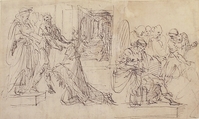Woman Kneeling before a Standing Man, and Supplicant Kneeling before an Enthroned Male Figure, Francesco Curia  Italian, Pen and brown ink
