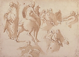 Figure Studies: Warrior on Horseback, and Groups of Standing Female Figures, Francesco Curia (Italian, documented Naples 1565/70–1608 Naples), Pen and brown ink, brush and brown wash