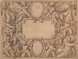 A Cartouche and Two Shields Surrounded by Allegorical Figures., Attributed to Andrea Lilli (Lilio) (Italian, Ancona ca. 1560–ca. 1635 Ascoli Piceno), Pen and brown ink, brush and brown wash, highlighted with white gouache, over red and black chalk