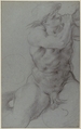 Triton Sounding a Conch Shell, Annibale Carracci (Italian, Bologna 1560–1609 Rome), Charcoal or soft black chalk on blue-gray paper; traces of framing lines in pen and black ink and black chalk